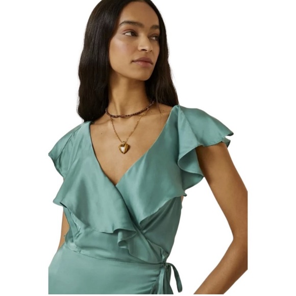 Anthropologie Ruffle Sleeve Maxi Wrap Dress Green Emerald size Small - Picture 5 of 10